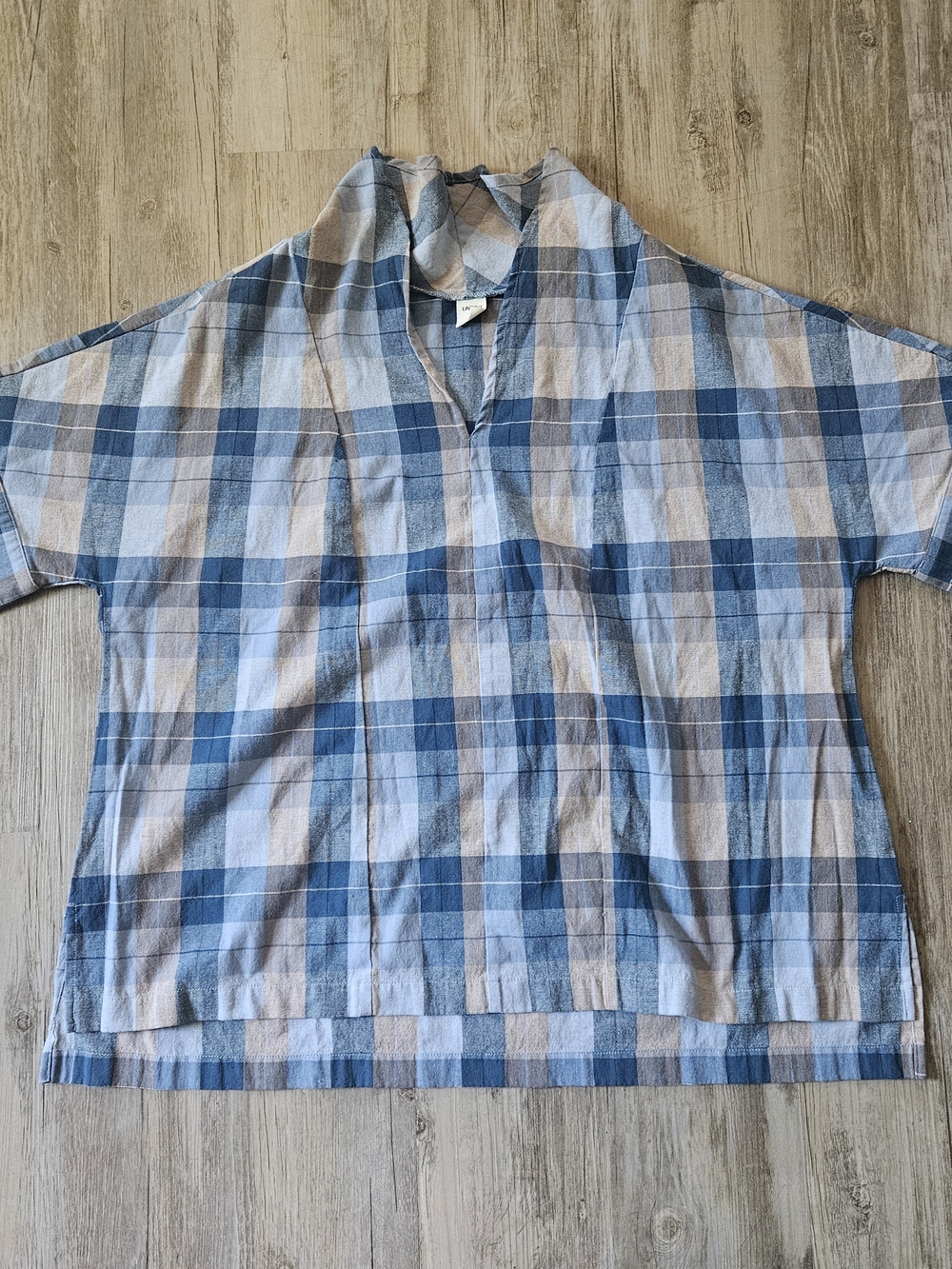 Lintico Women's Blue Plaid Short-Sleeve 100% Linen V-neck Top Shirt XXL
